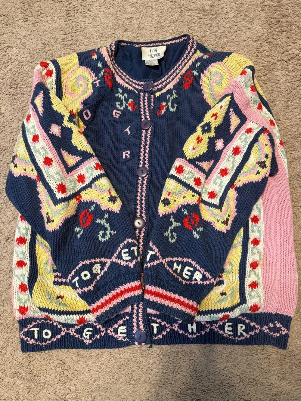 Together Navy button Knit Cardigan with Pink and Yellow Accents